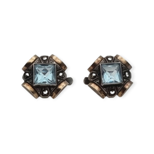 Pendientes Art Déco catalanes en plata con cristal azul, marcasitas y vistas doradas, España, ca. 1940