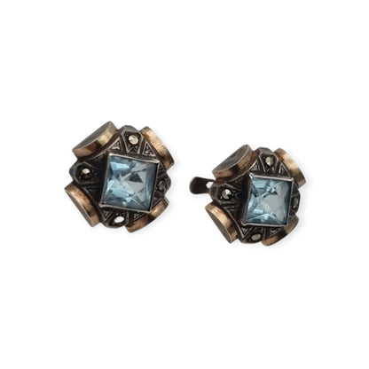 Catalan Art Deco silver earrings with blue crystal, marcasites and gold accents, Spain, ca. 1940