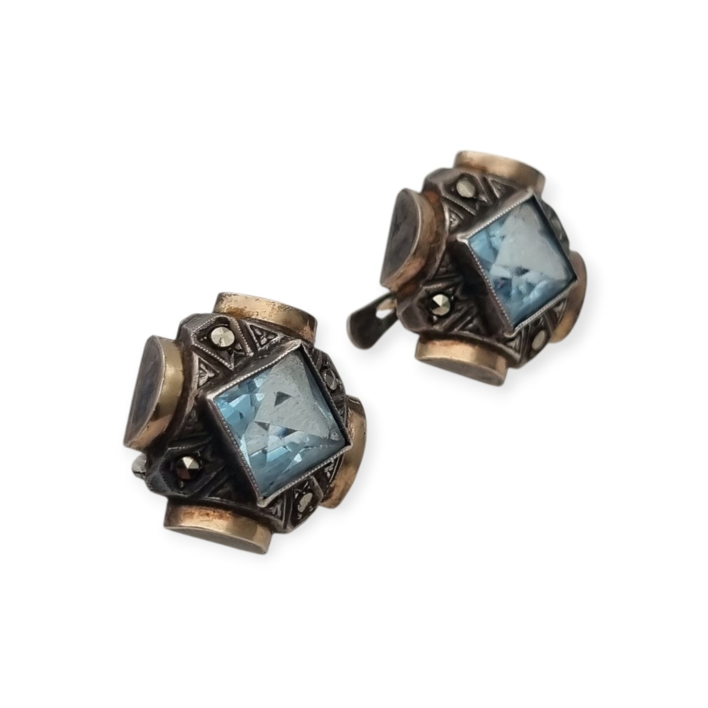Catalan Art Deco silver earrings with blue crystal, marcasites and gold accents, Spain, ca. 1940