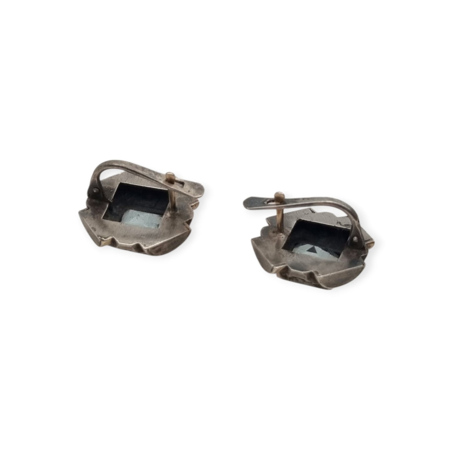 Catalan Art Deco silver earrings with blue crystal, marcasites and gold accents, Spain, ca. 1940