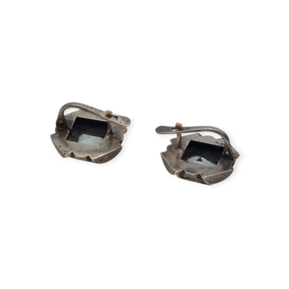 Catalan Art Deco silver earrings with blue crystal, marcasites and gold accents, Spain, ca. 1940