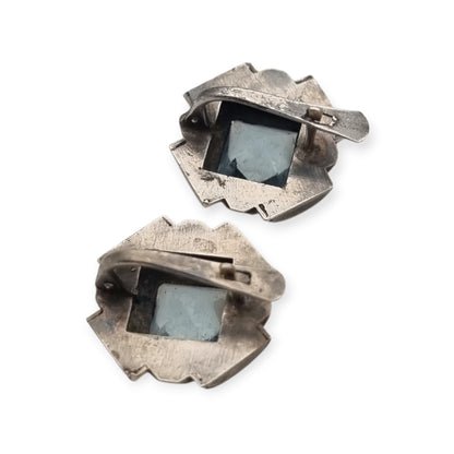 Catalan Art Deco silver earrings with blue crystal, marcasites and gold accents, Spain, ca. 1940
