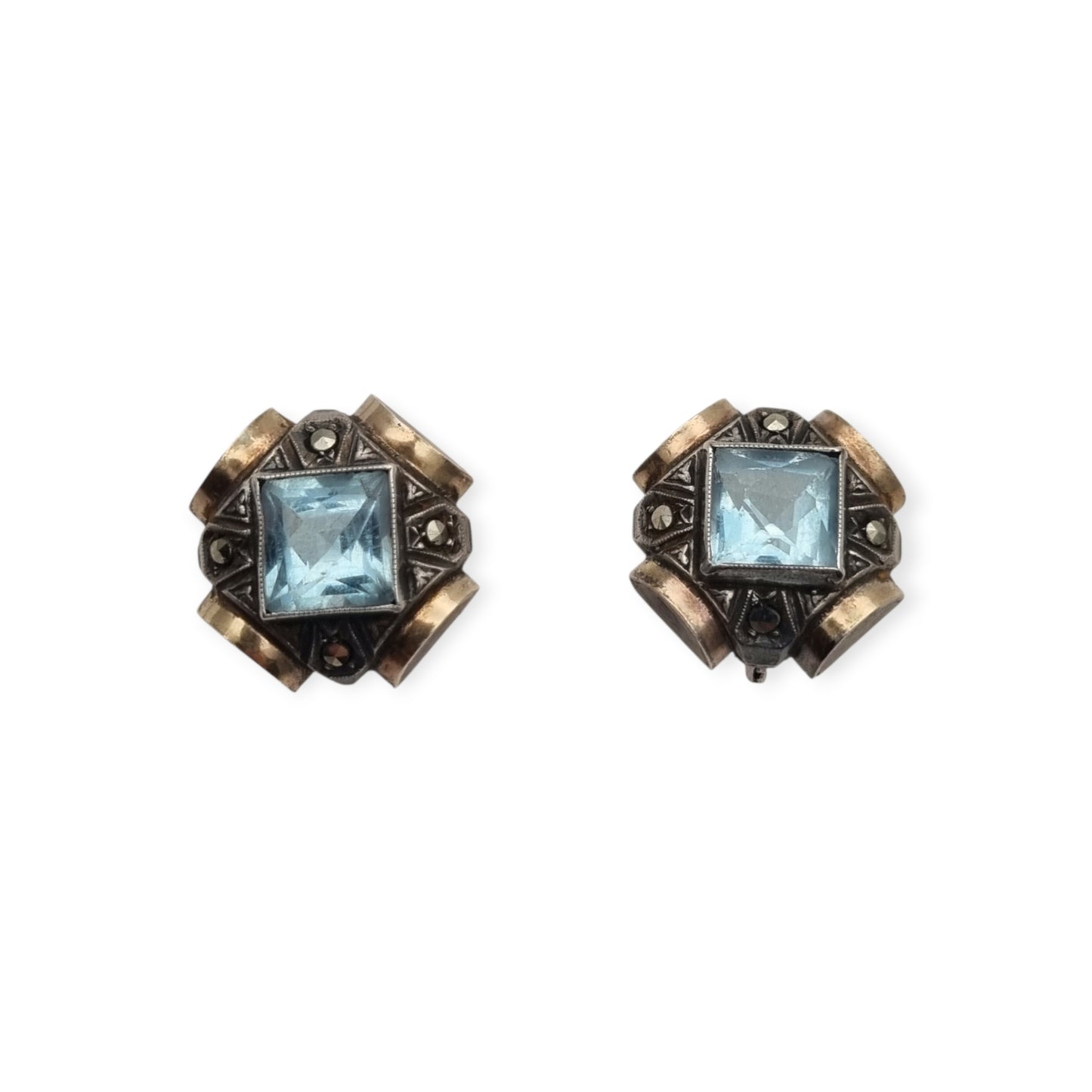 Catalan Art Deco silver earrings with blue crystal, marcasites and gold accents, Spain, ca. 1940