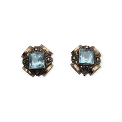 Catalan Art Deco silver earrings with blue crystal, marcasites and gold accents, Spain, ca. 1940