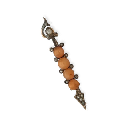 Victorian Arrow Brooch in Gilt Metal with Coral and Pearls, European Floral Jewelry, ca. 1880–1900