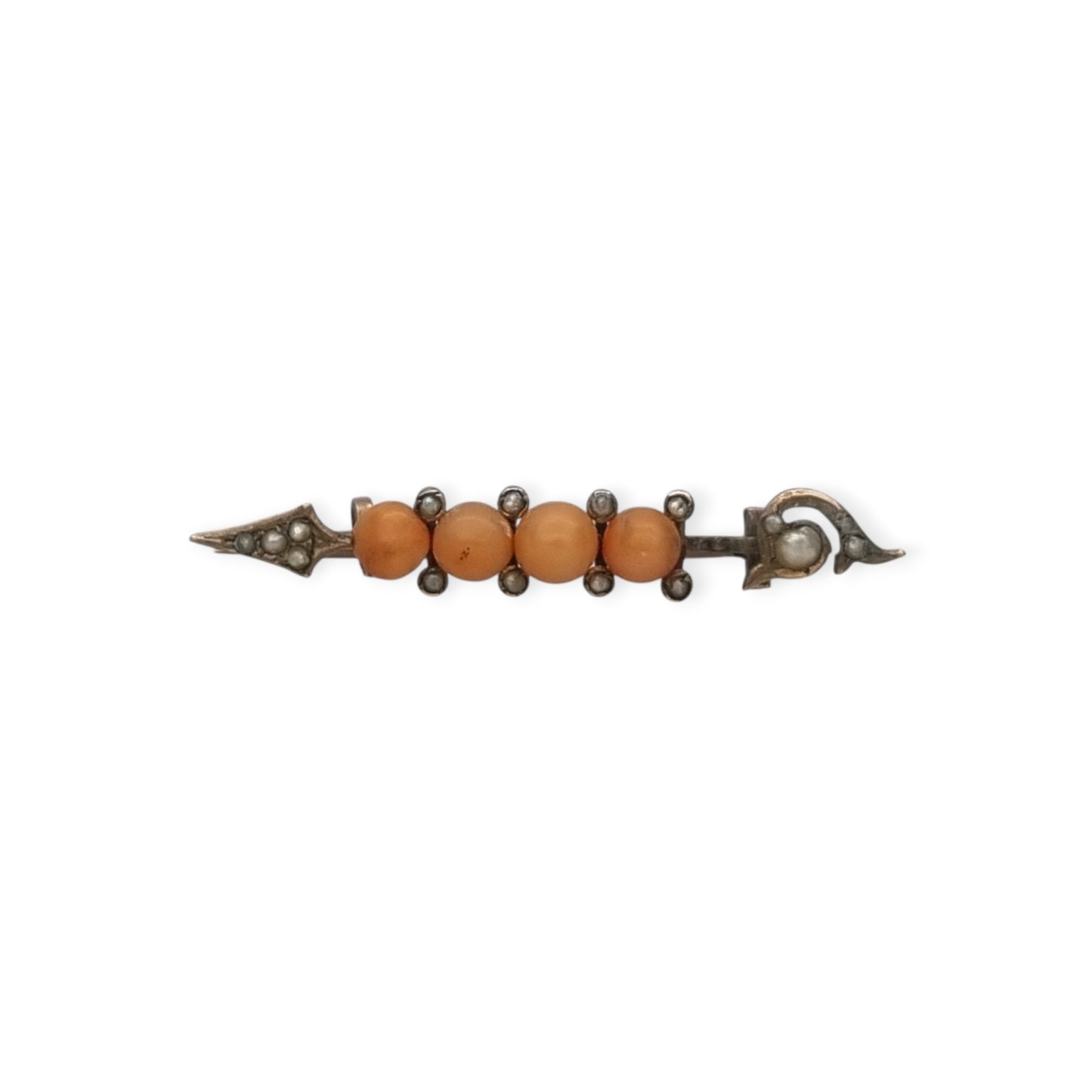 Victorian Arrow Brooch in Gilt Metal with Coral and Pearls, European Floral Jewelry, ca. 1880–1900