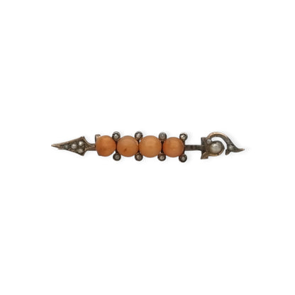 Victorian Arrow Brooch in Gilt Metal with Coral and Pearls, European Floral Jewelry, ca. 1880–1900
