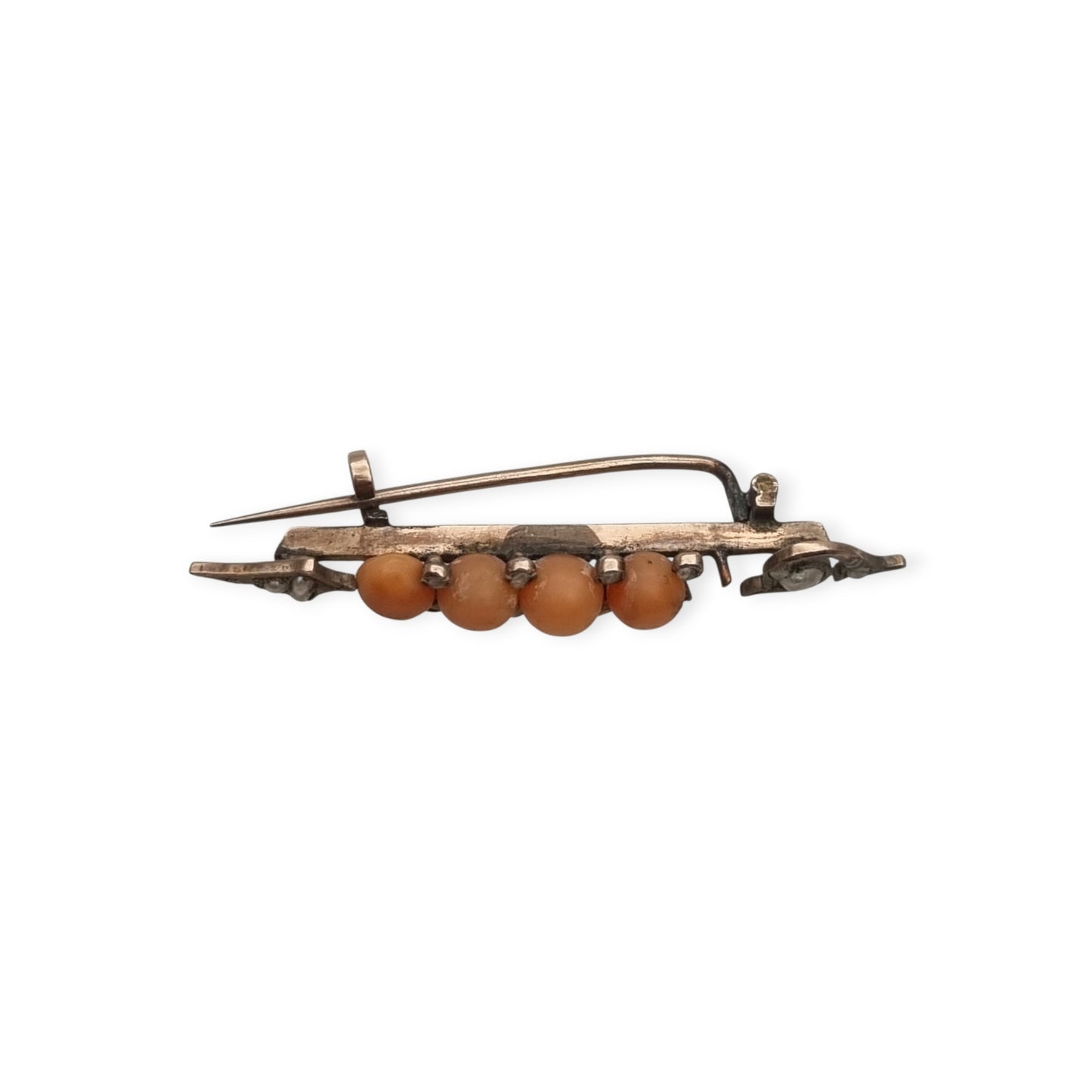Victorian Arrow Brooch in Gilt Metal with Coral and Pearls, European Floral Jewelry, ca. 1880–1900