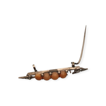 Victorian Arrow Brooch in Gilt Metal with Coral and Pearls, European Floral Jewelry, ca. 1880–1900