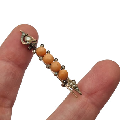 Victorian Arrow Brooch in Gilt Metal with Coral and Pearls, European Floral Jewelry, ca. 1880–1900