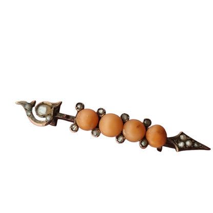 Victorian Arrow Brooch in Gilt Metal with Coral and Pearls, European Floral Jewelry, ca. 1880–1900