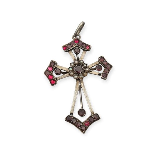 Victorian silver garnet, paste and pearl cross, Renaissance Revival, ca. 1890–1900