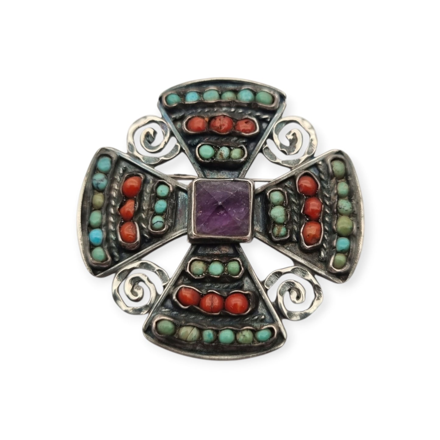Mexican MATL SALAS cruciform brooch in silver with turquoise, coral and amethyst, designer jewelry, ca. 1960