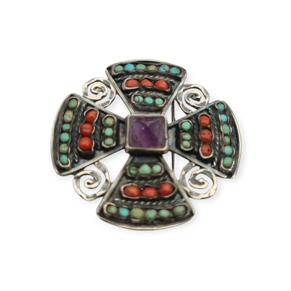 Mexican MATL SALAS cruciform brooch in silver with turquoise, coral and amethyst, designer jewelry, ca. 1960