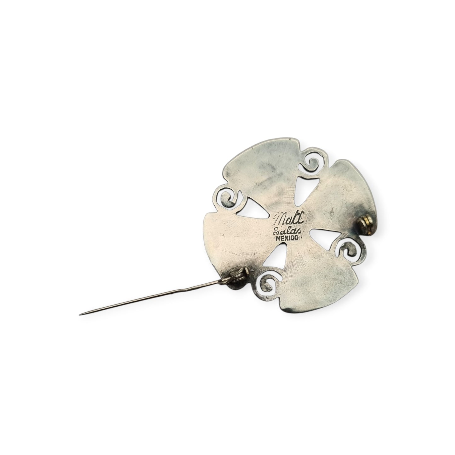 Mexican MATL SALAS cruciform brooch in silver with turquoise, coral and amethyst, designer jewelry, ca. 1960