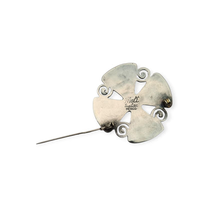 Mexican MATL SALAS cruciform brooch in silver with turquoise, coral and amethyst, designer jewelry, ca. 1960