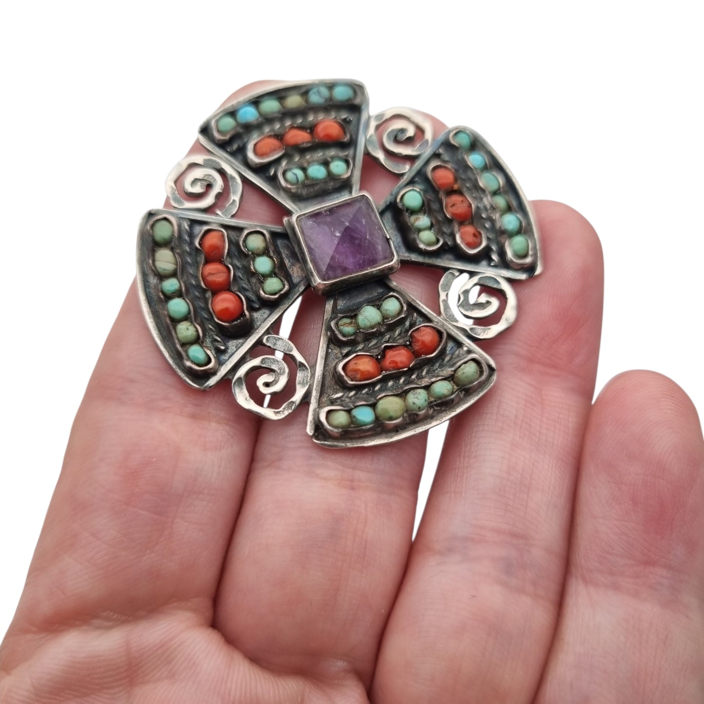 Mexican MATL SALAS cruciform brooch in silver with turquoise, coral and amethyst, designer jewelry, ca. 1960