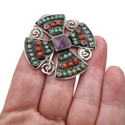 Mexican MATL SALAS cruciform brooch in silver with turquoise, coral and amethyst, designer jewelry, ca. 1960