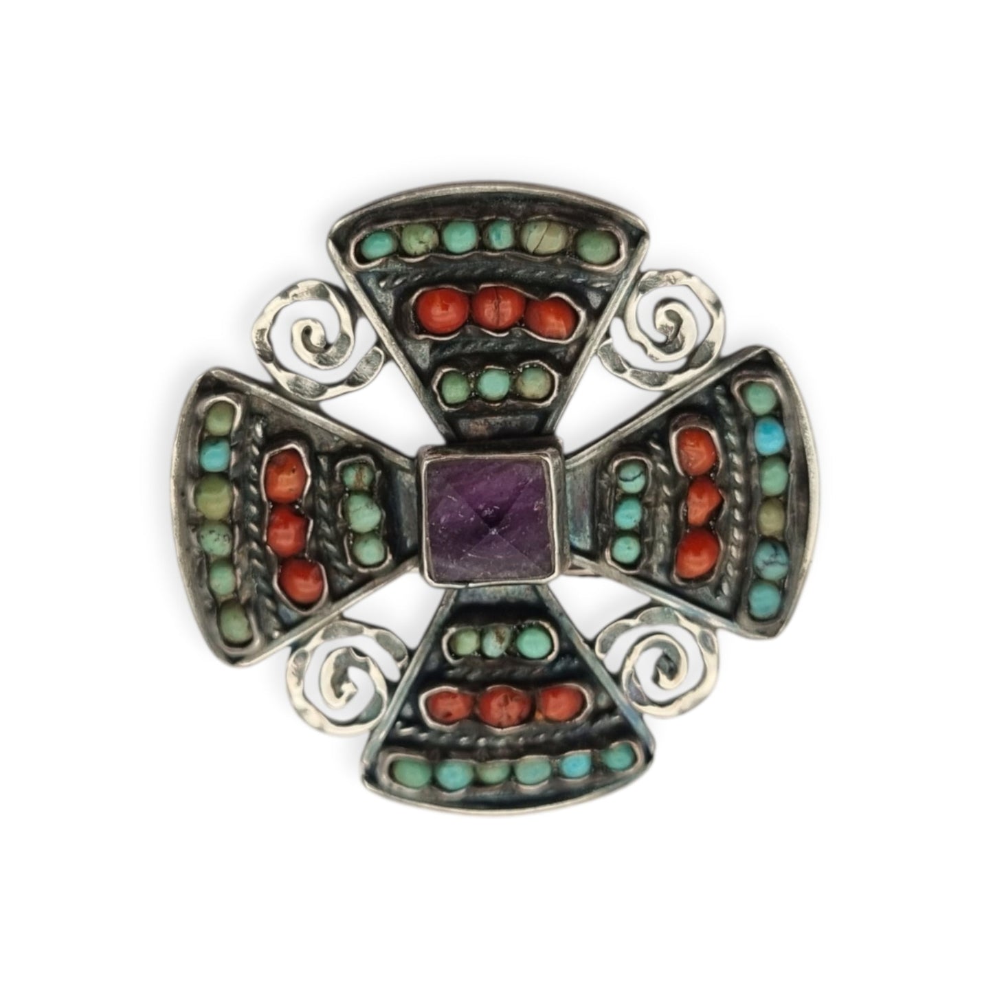 Mexican MATL SALAS cruciform brooch in silver with turquoise, coral and amethyst, designer jewelry, ca. 1960