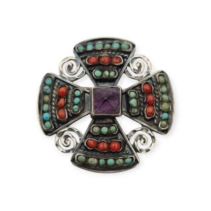 Mexican MATL SALAS cruciform brooch in silver with turquoise, coral and amethyst, designer jewelry, ca. 1960