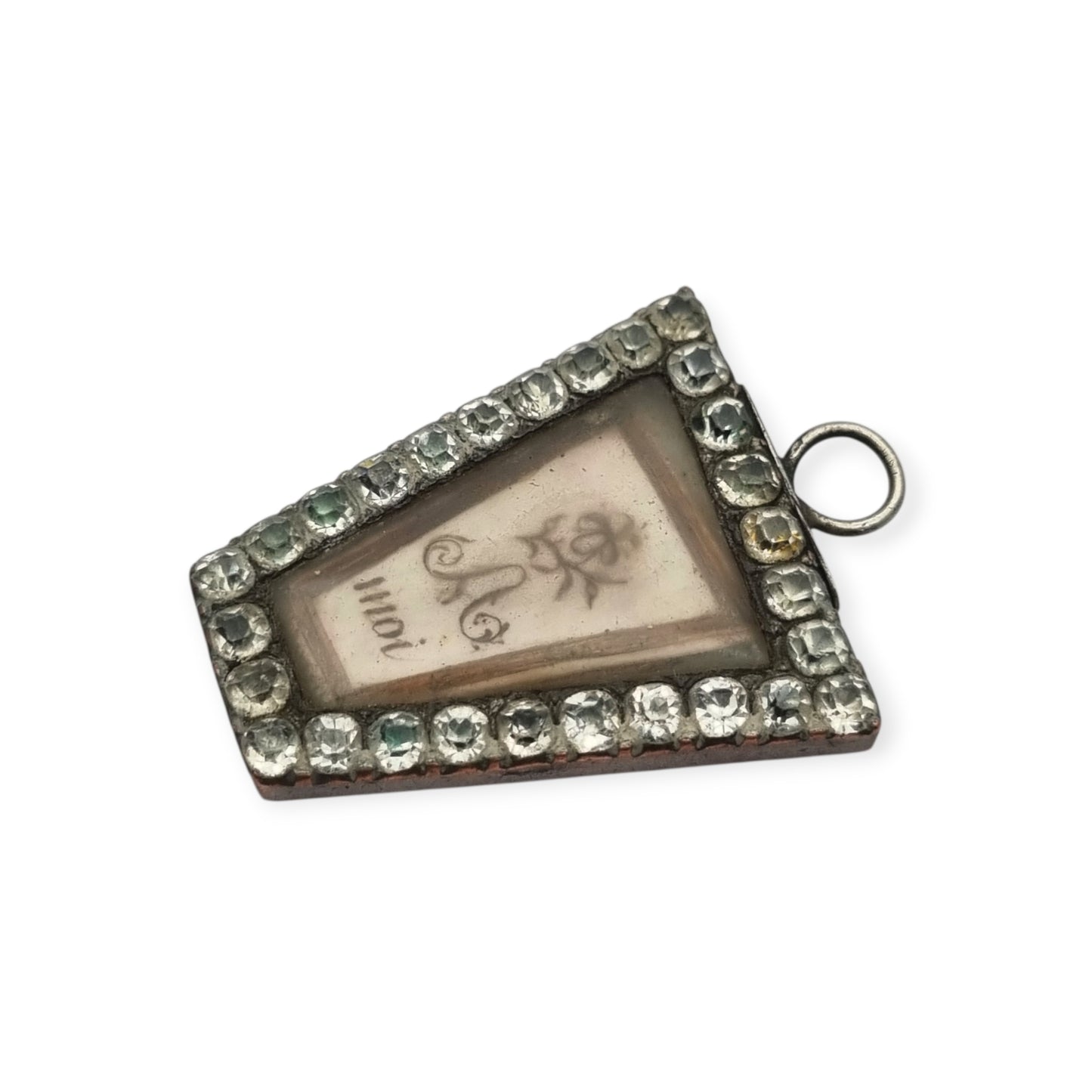 French romantic sentimental "To me" pendant in metal with glass paste and blue enamel, ca. 1800–1840