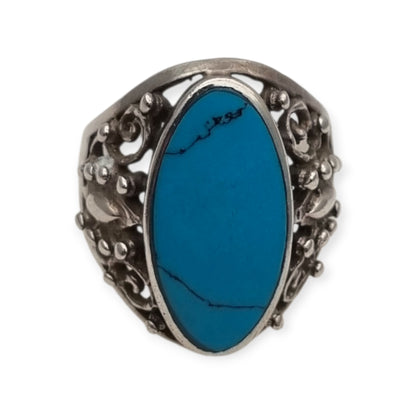 Anillo boho vintage de plata 925 con gran piedra azul, diseño floral calado, Circa 1980