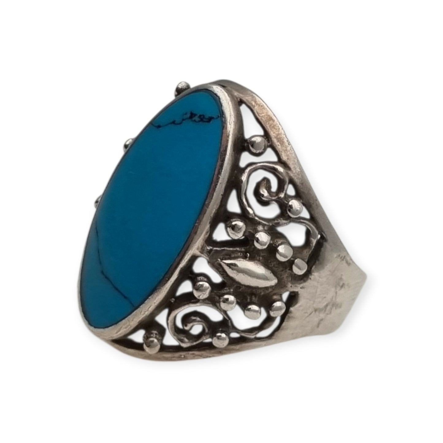 Anillo boho vintage de plata 925 con gran piedra azul, diseño floral calado, Circa 1980