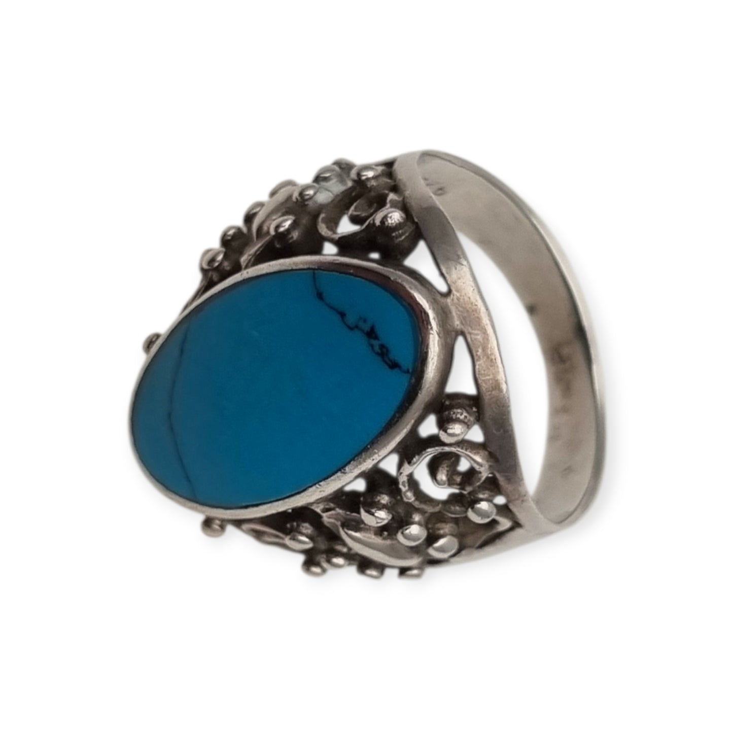 Anillo boho vintage de plata 925 con gran piedra azul, diseño floral calado, Circa 1980