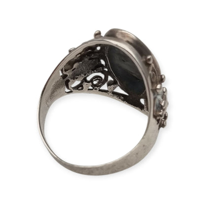 Anillo boho vintage de plata 925 con gran piedra azul, diseño floral calado, Circa 1980