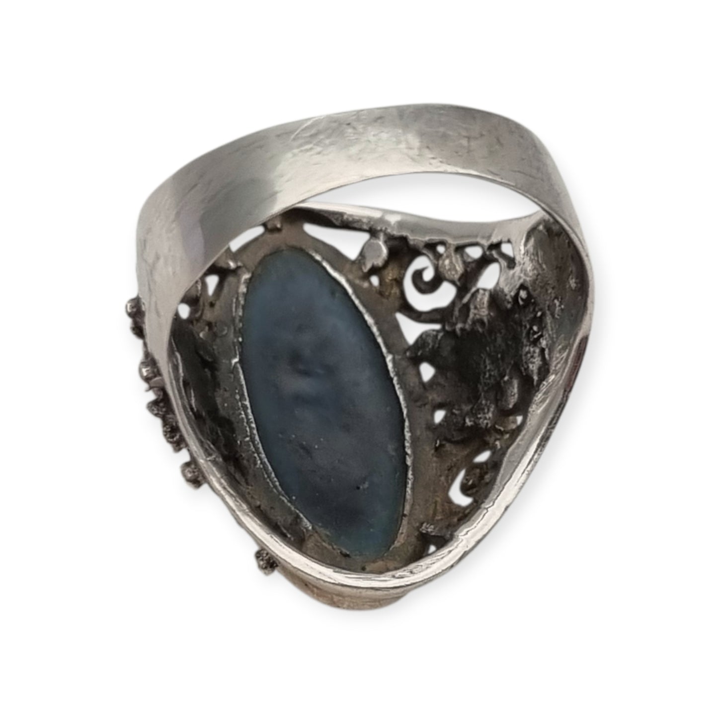 Anillo boho vintage de plata 925 con gran piedra azul, diseño floral calado, Circa 1980