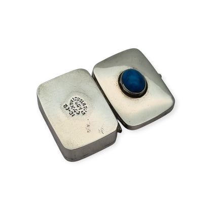 Caja IGUALA 925 MEXICO. vintage de plata 925  con cabujón azul pastillero de bolsillo, ca. 1980–1995