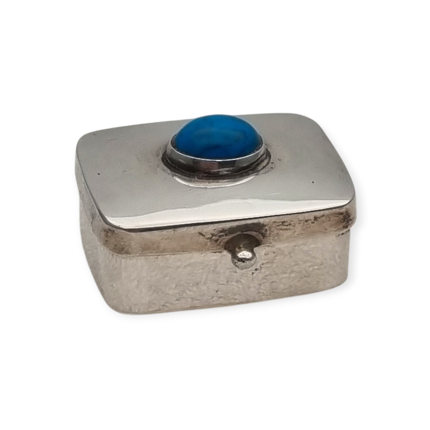 Caja IGUALA 925 MEXICO. vintage de plata 925  con cabujón azul pastillero de bolsillo, ca. 1980–1995