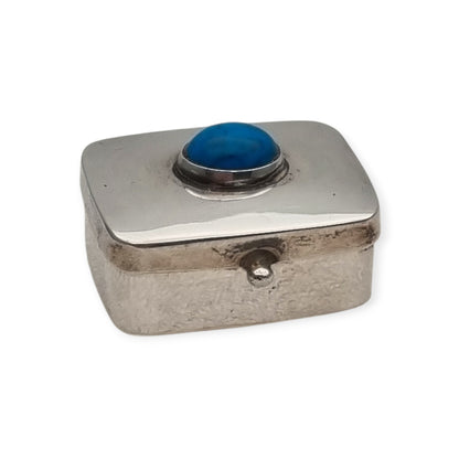 Caja IGUALA 925 MEXICO. vintage de plata 925  con cabujón azul pastillero de bolsillo, ca. 1980–1995