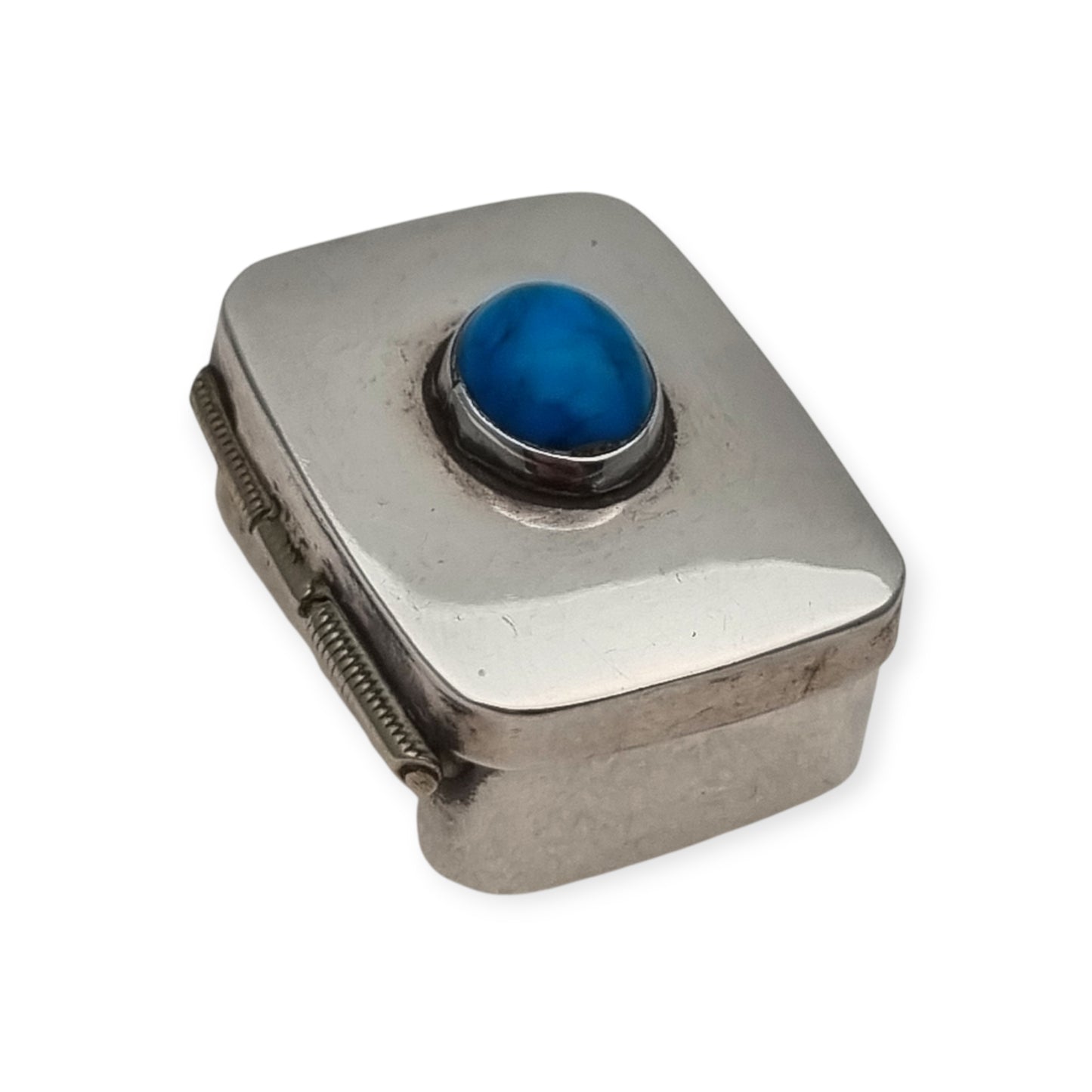 Caja IGUALA 925 MEXICO. vintage de plata 925  con cabujón azul pastillero de bolsillo, ca. 1980–1995