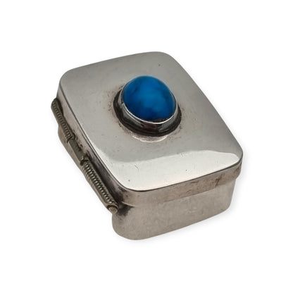 Caja IGUALA 925 MEXICO. vintage de plata 925  con cabujón azul pastillero de bolsillo, ca. 1980–1995