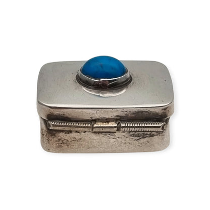 Caja IGUALA 925 MEXICO. vintage de plata 925  con cabujón azul pastillero de bolsillo, ca. 1980–1995