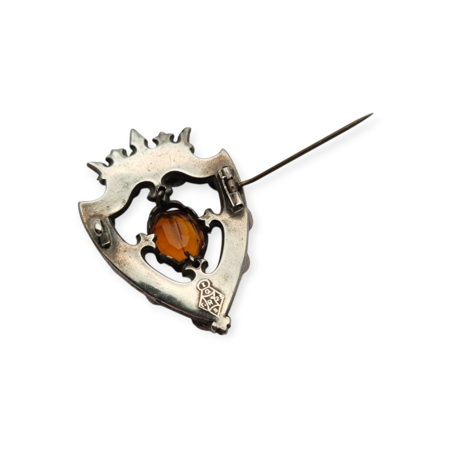 Broche escocés victoriano Luckenbooth de plata y cuarzos policromos y Cairngorm, diseño registrado 1866