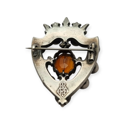 Broche escocés victoriano Luckenbooth de plata y cuarzos policromos y Cairngorm, diseño registrado 1866