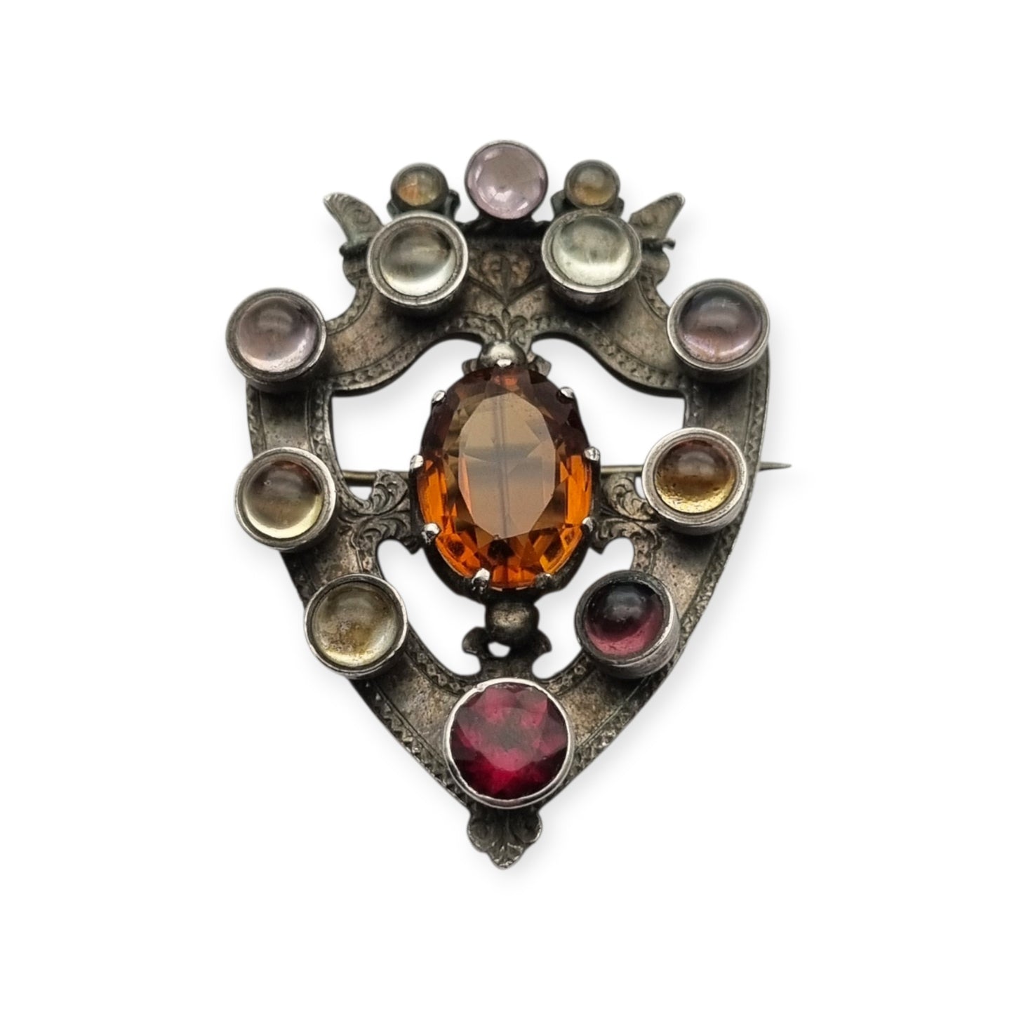 Broche escocés victoriano Luckenbooth de plata y cuarzos policromos y Cairngorm, diseño registrado 1866