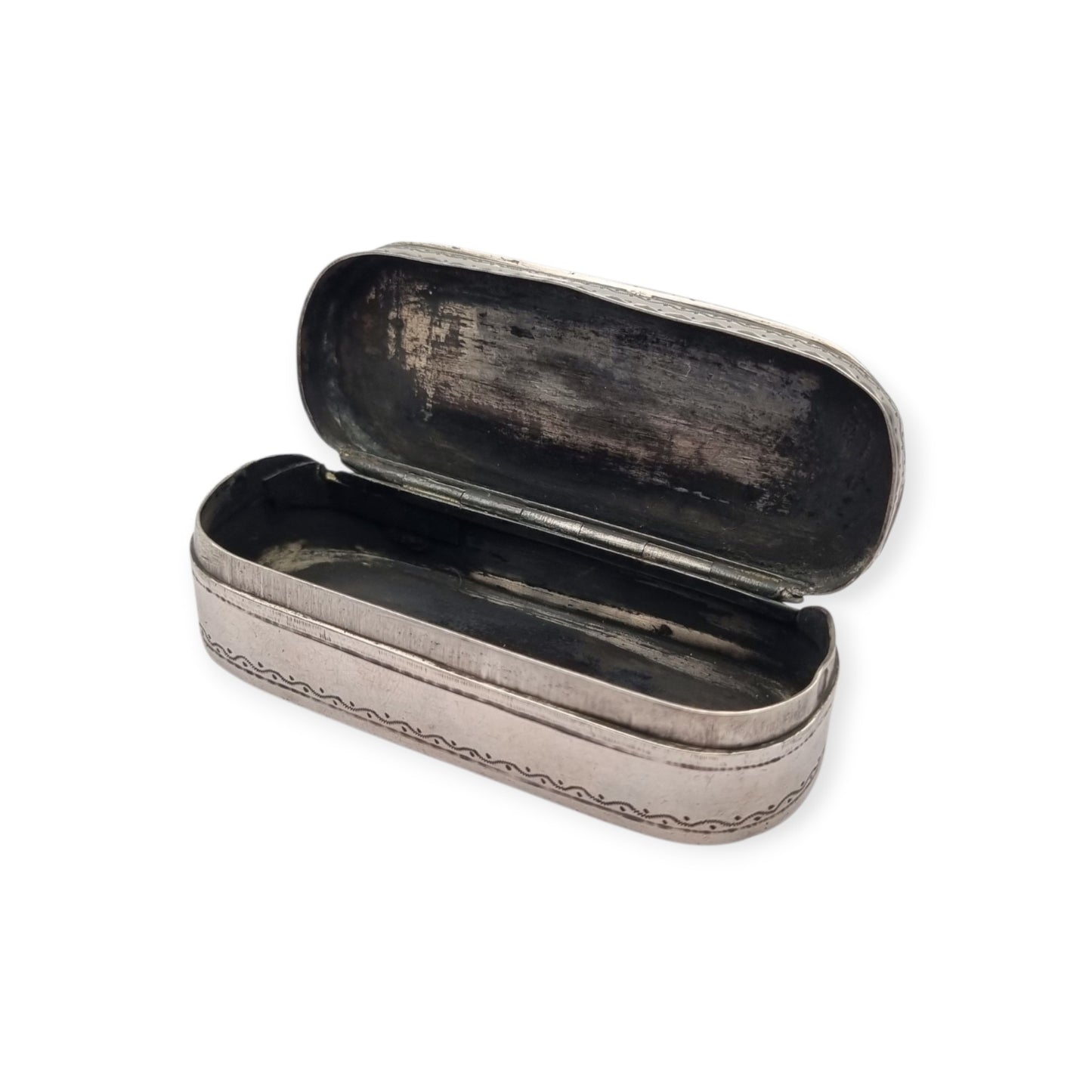 Caja tabaquera antigua de plata testada grabada, monograma J.H., estilo neoclásico, segunda mitad siglo XIX