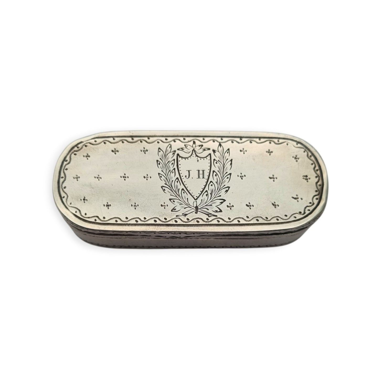 Caja tabaquera antigua de plata testada grabada, monograma J.H., estilo neoclásico, segunda mitad siglo XIX