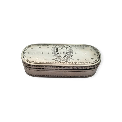 Caja tabaquera antigua de plata testada grabada, monograma J.H., estilo neoclásico, segunda mitad siglo XIX