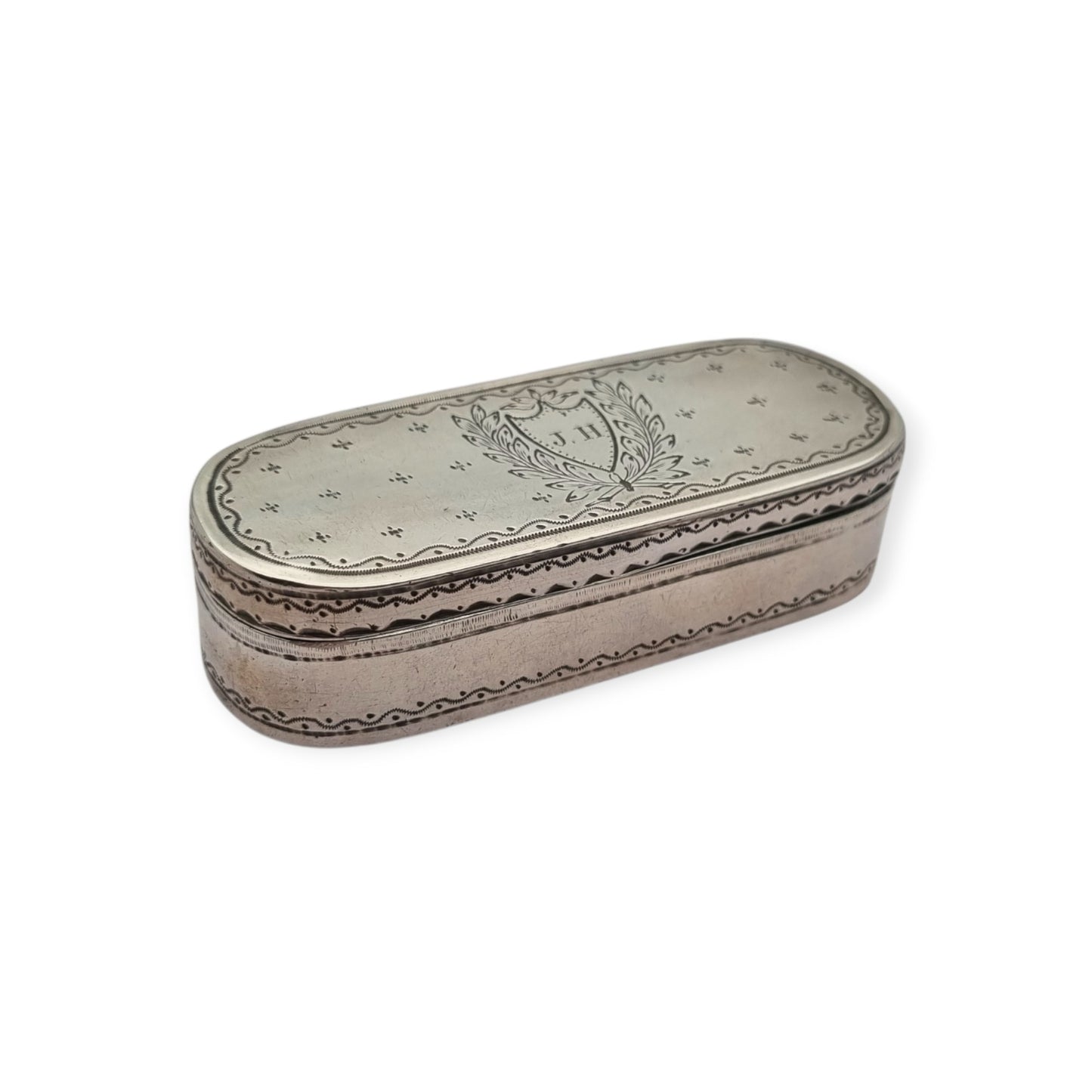 Caja tabaquera antigua de plata testada grabada, monograma J.H., estilo neoclásico, segunda mitad siglo XIX