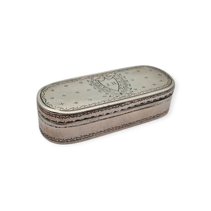 Caja tabaquera antigua de plata testada grabada, monograma J.H., estilo neoclásico, segunda mitad siglo XIX