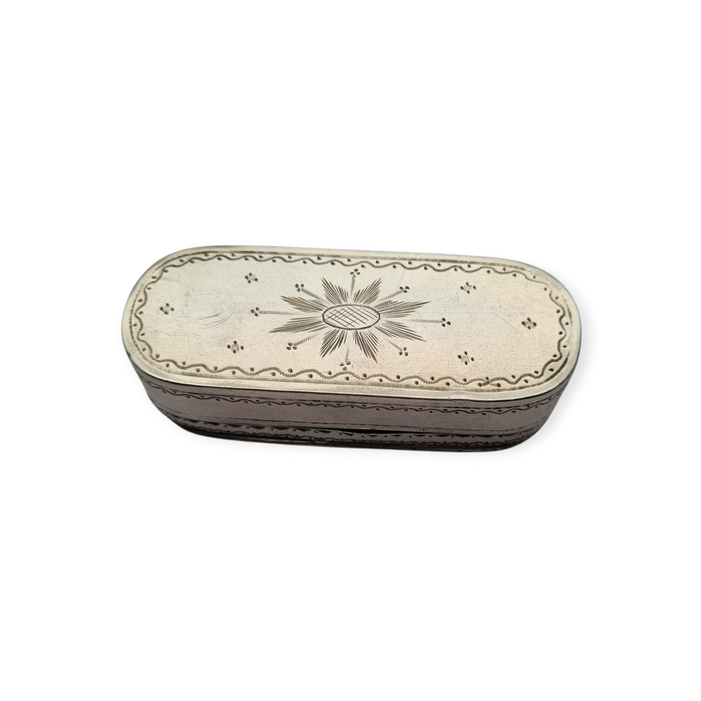 Caja tabaquera antigua de plata testada grabada, monograma J.H., estilo neoclásico, segunda mitad siglo XIX