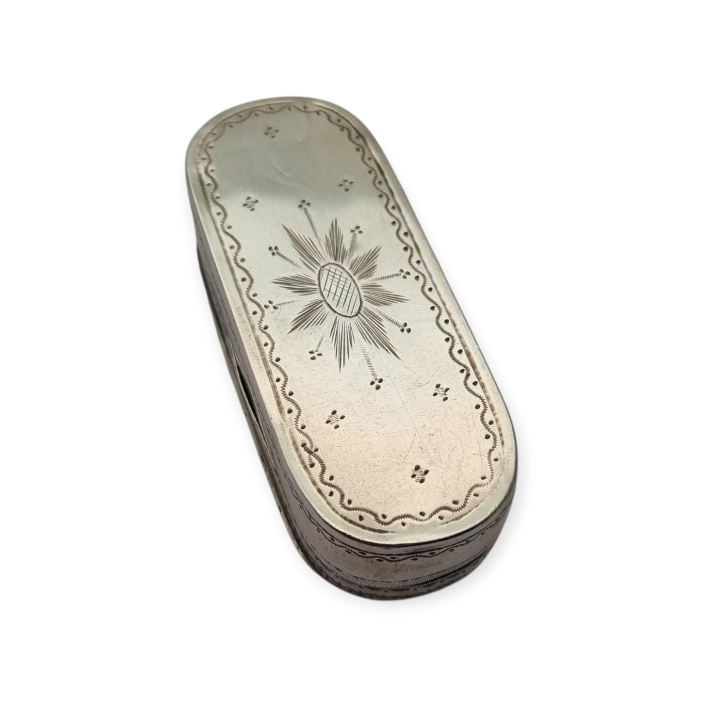 Caja tabaquera antigua de plata testada grabada, monograma J.H., estilo neoclásico, segunda mitad siglo XIX