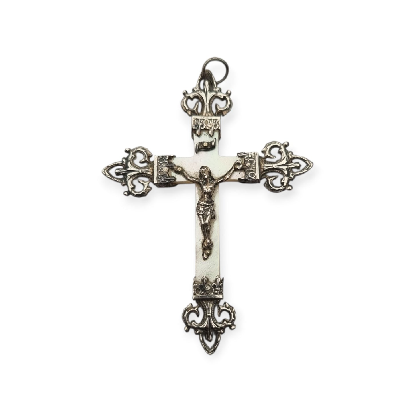 Cruz Art Nouveau francesa de plata y nácar, crucifijo religioso antiguo, ca. 1920–1930