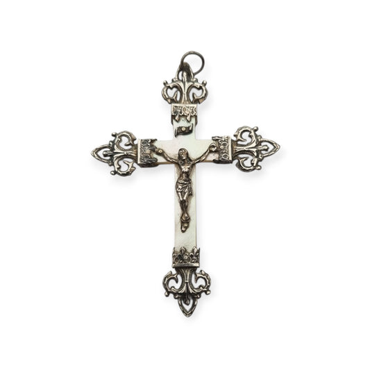 French Art Nouveau silver and mother-of-pearl cross, antique religious crucifix, c. 1920–1930