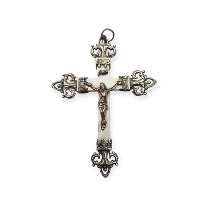 Cruz Art Nouveau francesa de plata y nácar, crucifijo religioso antiguo, ca. 1920–1930