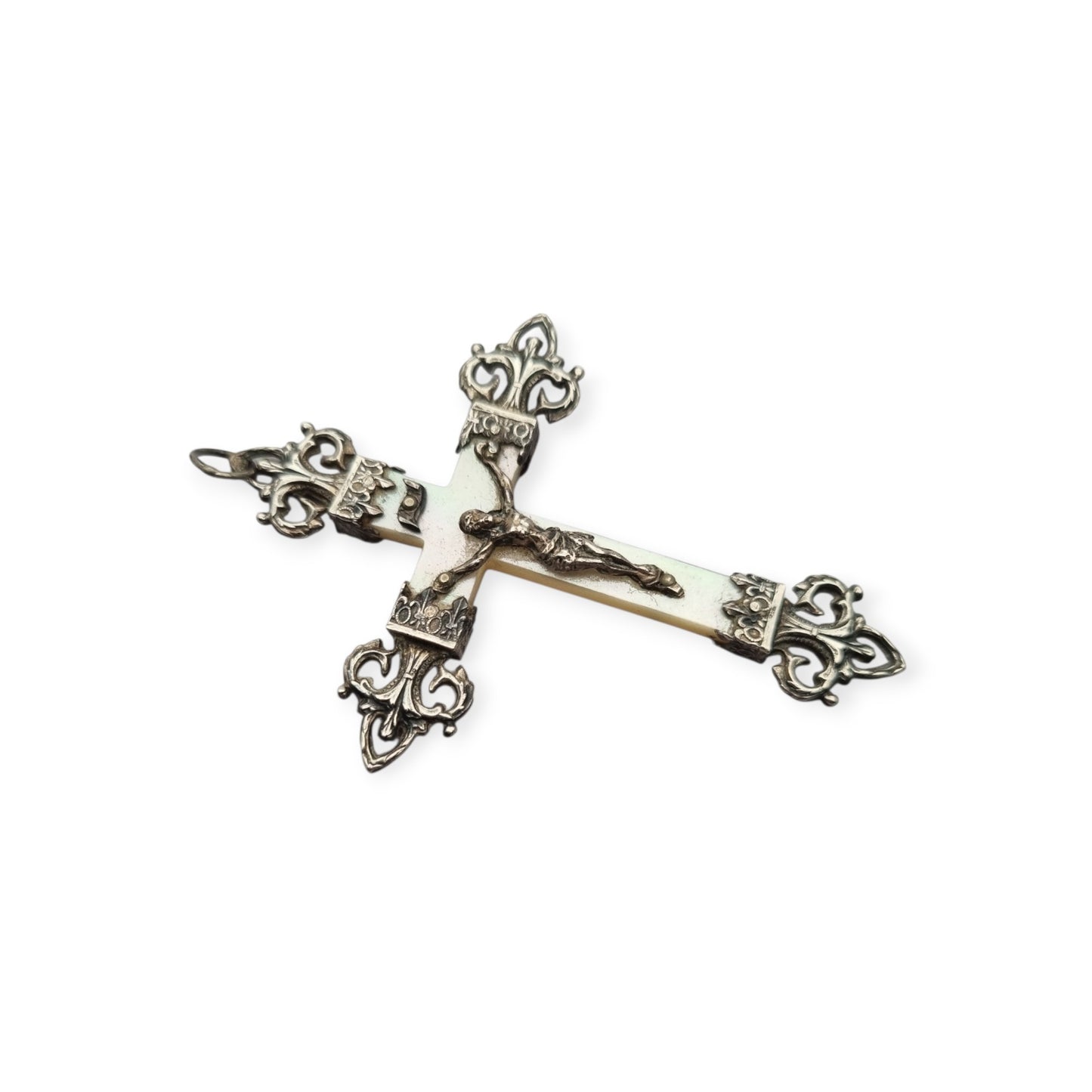 Cruz Art Nouveau francesa de plata y nácar, crucifijo religioso antiguo, ca. 1920–1930